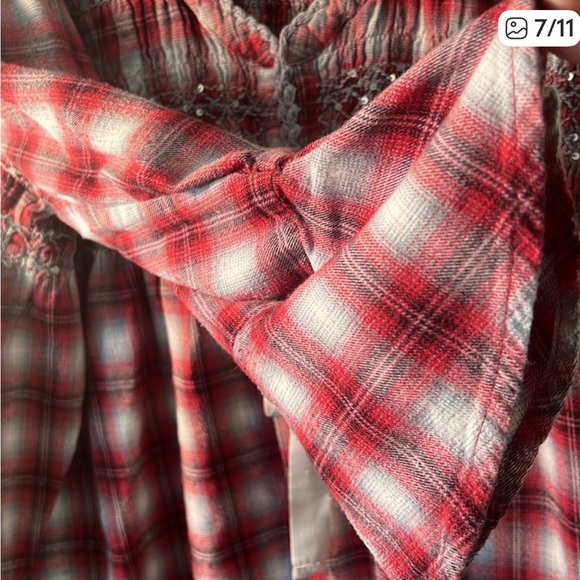 Sundance Fiona Red & White Plaid Flannel Baby Doll Top with Bell Sleeves Size M - Picture 7 of 10